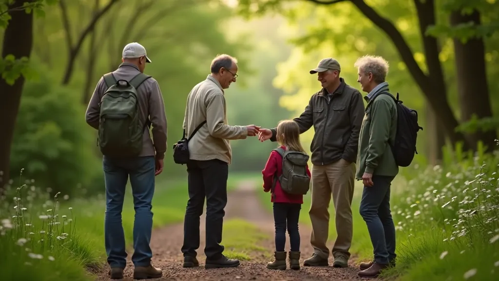 Outdoor guide pointing out features on a forest trail to a small group