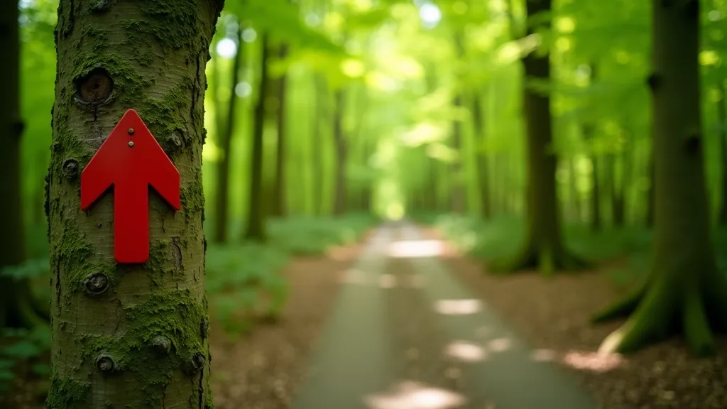 Well-maintained forest path with red waymarking arrow on tree, compacted gravel surface, dappled woodland shade, clear visibility