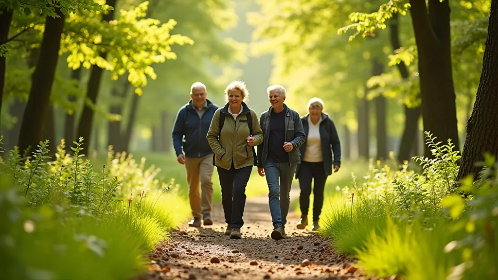A group of adults hiking on a forest trail surrounded by green trees