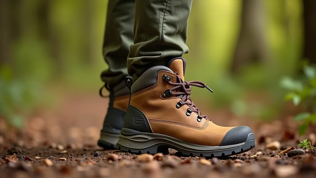 Hiking boots displayed showing ankle support and tread pattern on sole, studio lighting