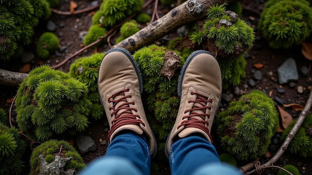 Close-up of hiking boots on a rocky forest path with moss and natural ground texture