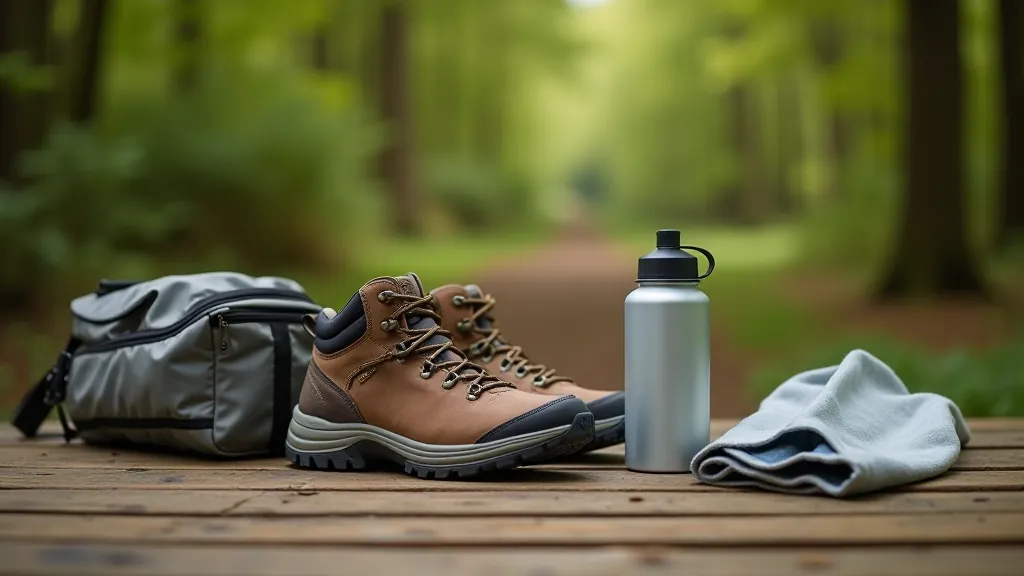 Hiking boots and walking gear on wooden surface outdoors, backpack, water bottle, proper hiking footwear, natural lighting