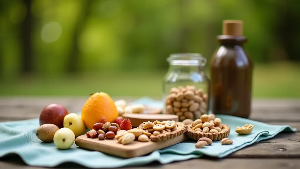 Selection of hiking snacks including water bottle, trail mix, energy bars, and fresh fruit arranged on a picnic cloth