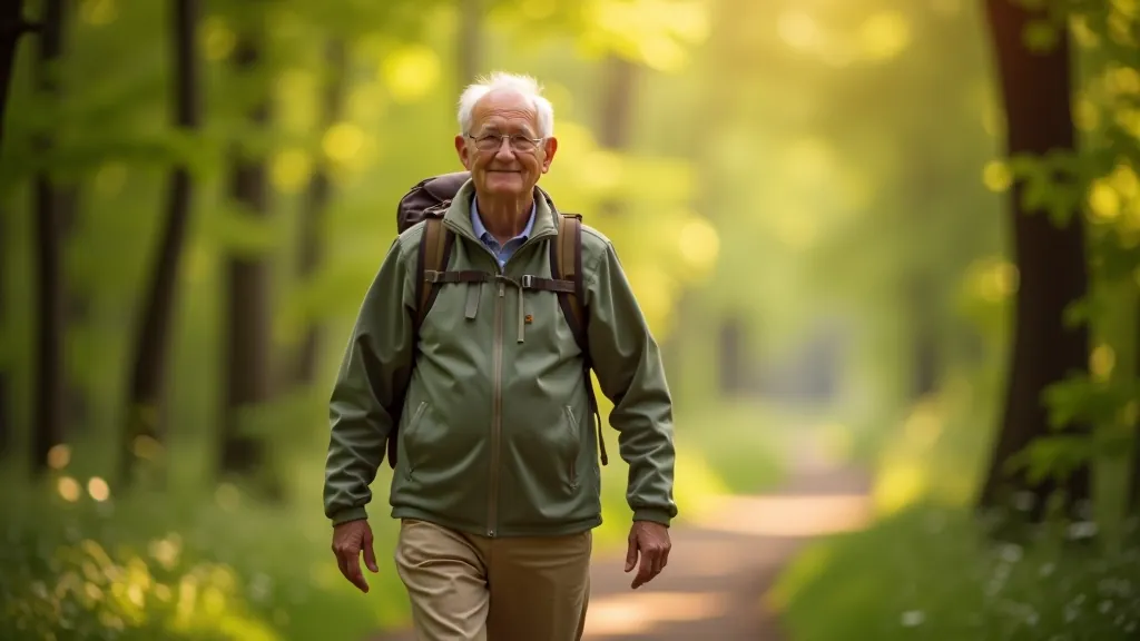 Older adult walker on forest path, taking measured steps with good posture, morning sunlight filtering through trees, relaxed expression, no rush