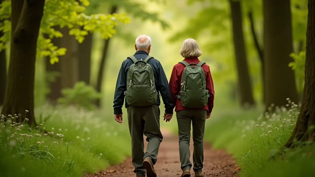Older couple walking on a forest trail surrounded by green trees and natural light