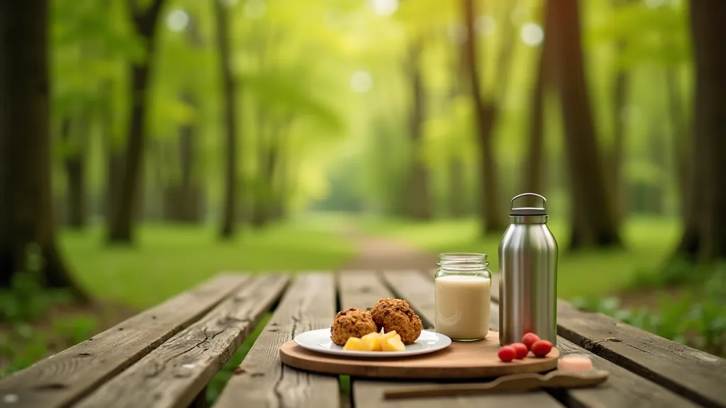 Outdoor picnic scene in forest, rest stop with snacks and refreshment