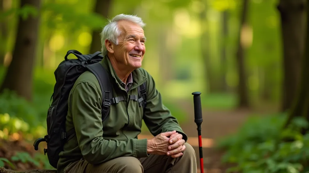 Hiker resting on a woodland bench with walking poles nearby, peaceful forest environment with dappled sunlight
