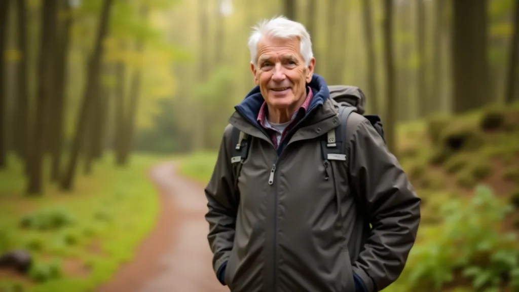 Person wearing layered hiking outfit with base layer, fleece mid-layer, and waterproof jacket, standing on forest path