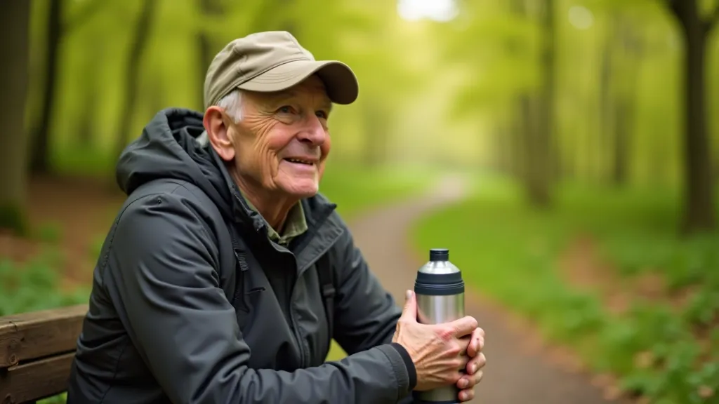 Person drinking from water bottle on hiking trail, sitting on wooden bench with forest background, hydration and rest, natural lighting