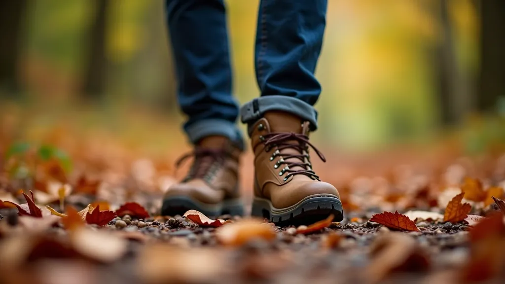 Close-up of hiking boots on a woodland path with autumn leaves