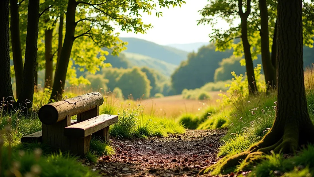 Scenic forest clearing with natural log seating and valley views visible through the trees