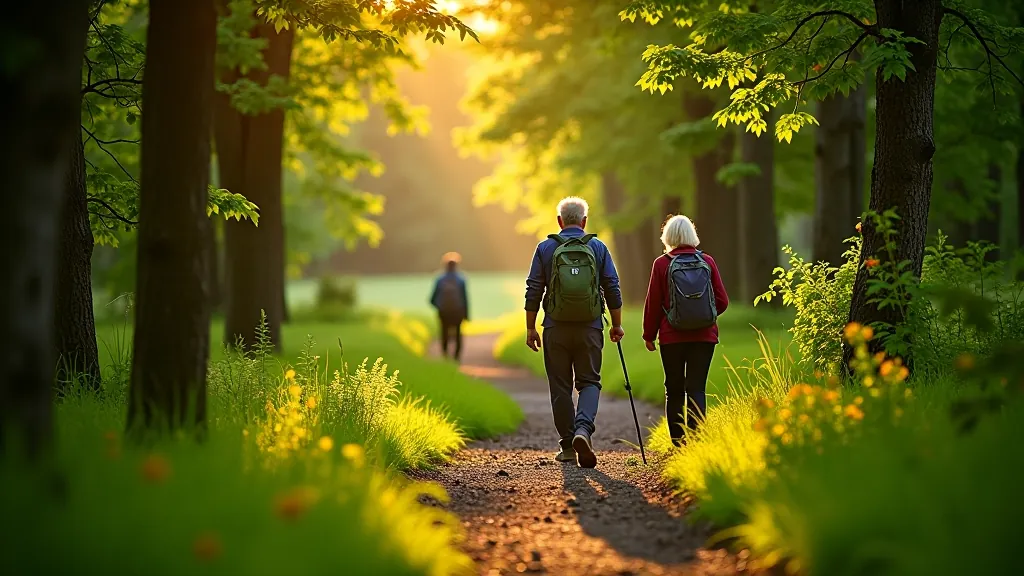 Peaceful forest trail with visitors enjoying nature