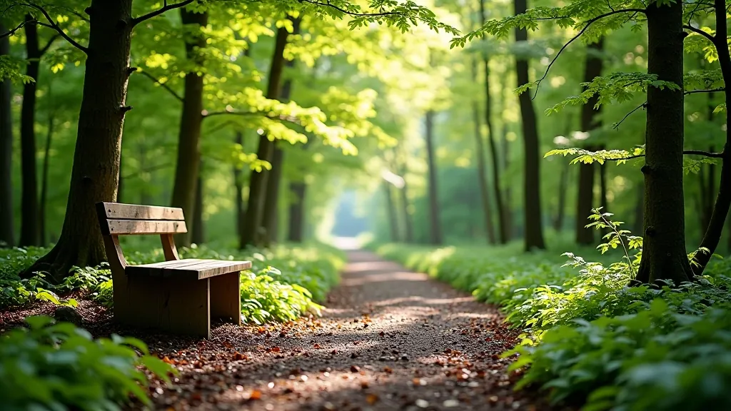 Peaceful forest rest area with wooden bench, trail surroundings, dappled sunlight, serene natural setting, hiking backpack nearby