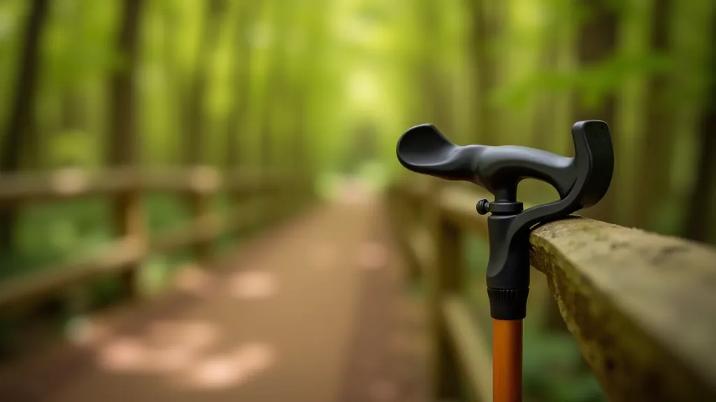 Walking poles leaning against a wooden bench in outdoor setting with natural forest background