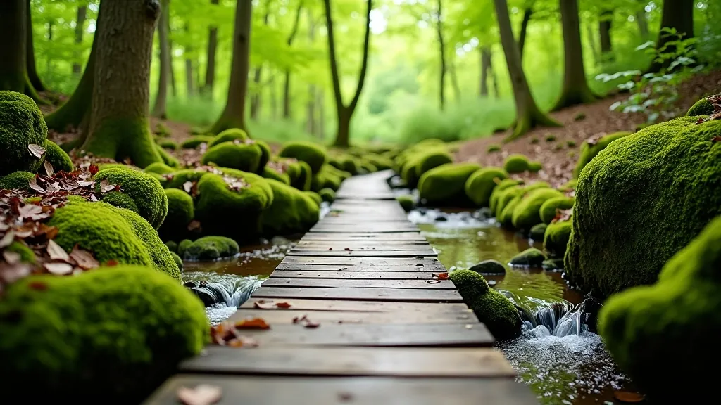 Wooden bridge crossing over small stream in forest, natural woodland stream with moss-covered banks, dappled light